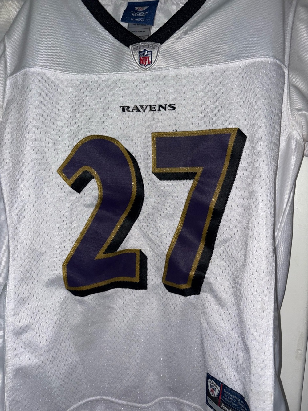 Reebok White Baltimore Ravens #27 Jersey with Purple and Gold Numbers